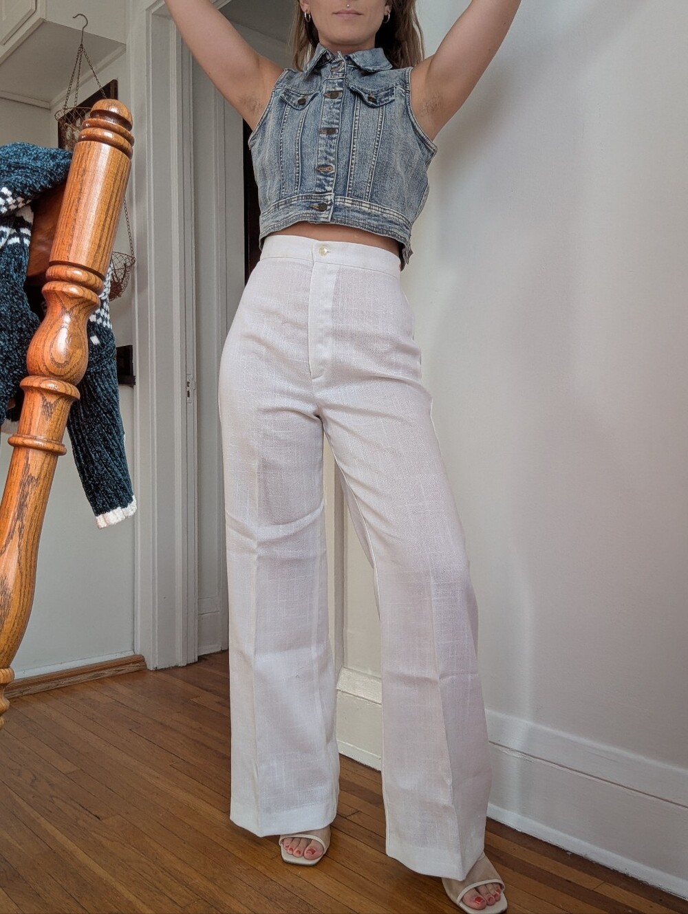 VTG 70s JCPenney's White Linen Like Woven Wide Leg Trousers Super High Waist